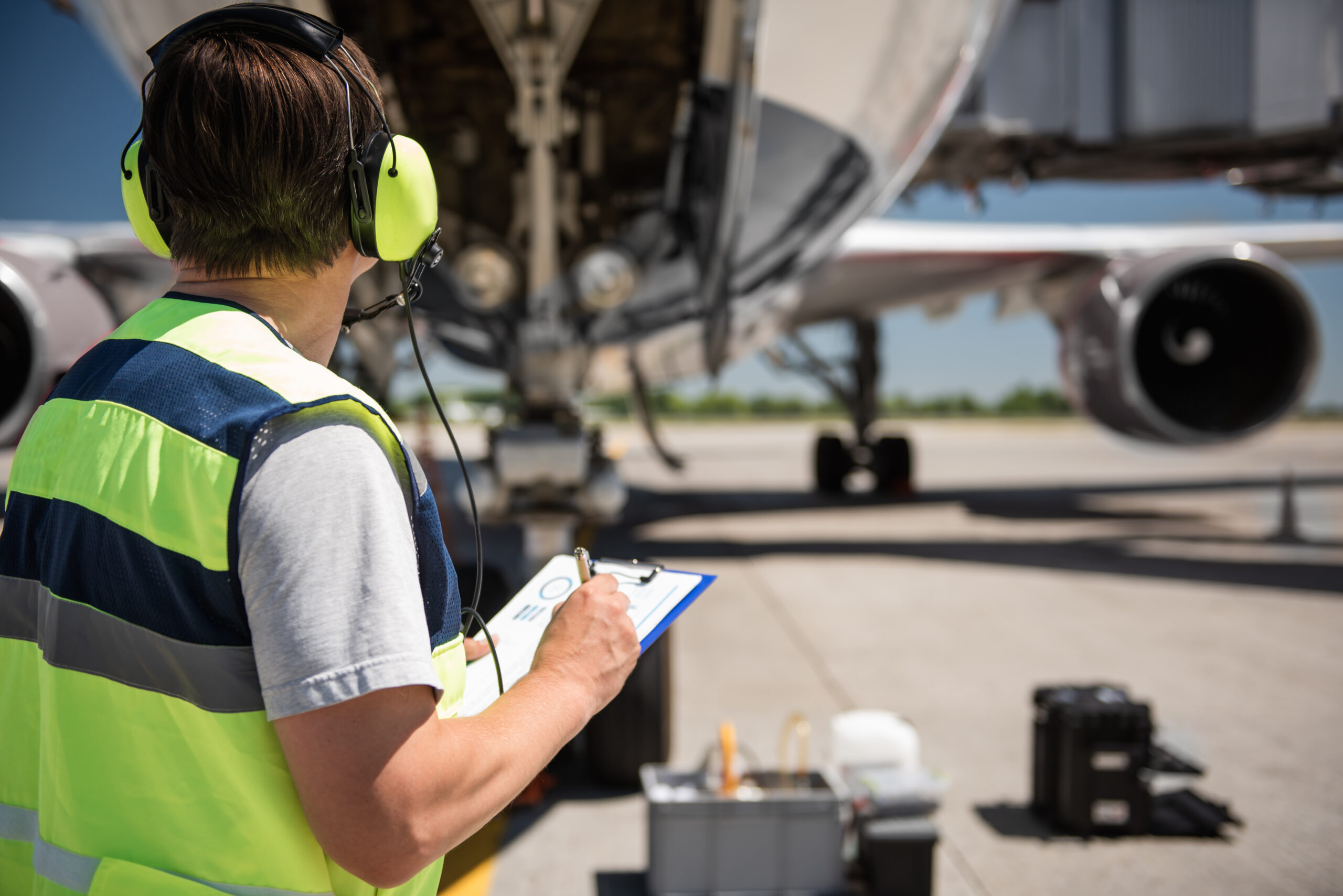 Focusing,On,Work.,Back,View,Of,Ground,Crew,Member,Noting